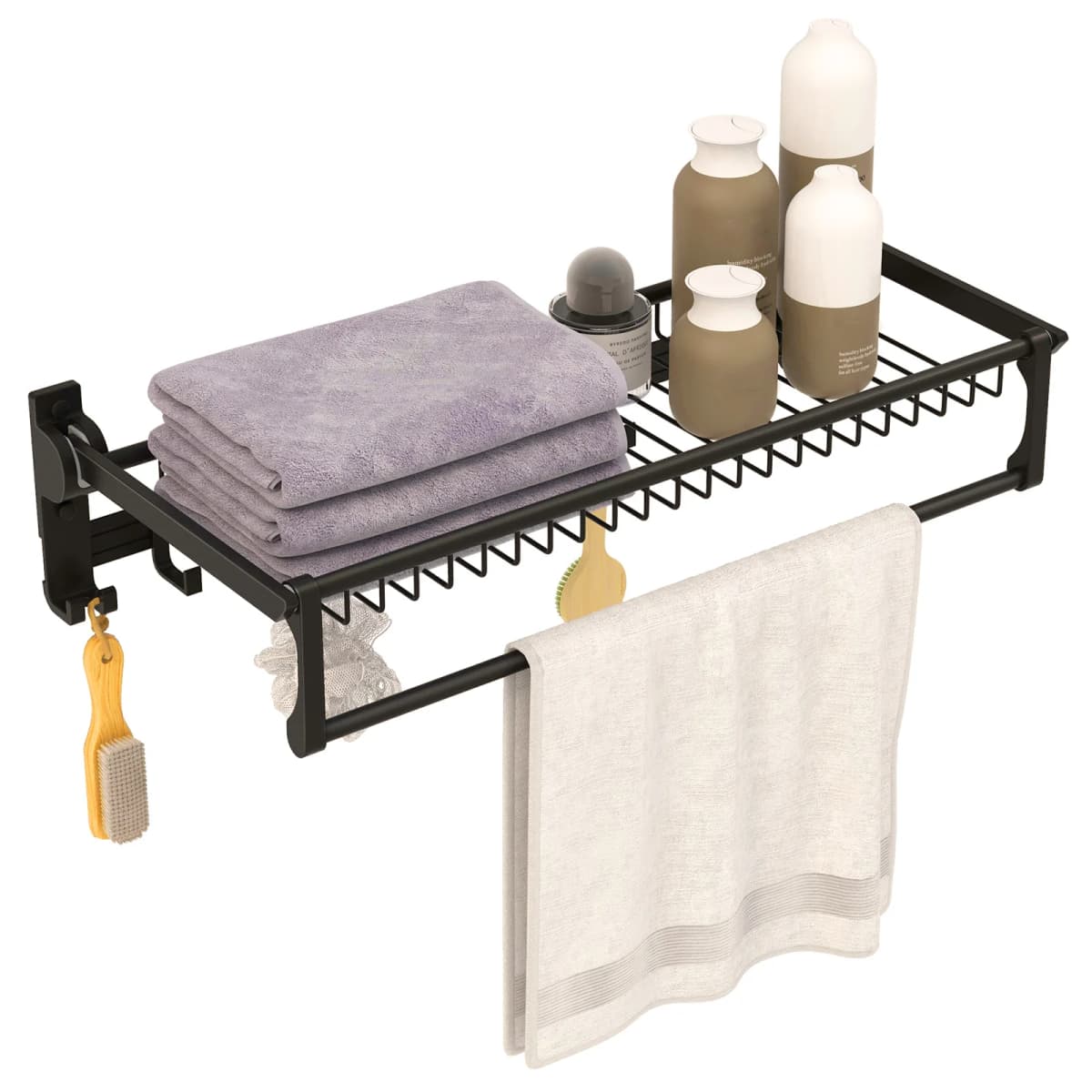 Towel Holder Folding Towel Rack Without Drilling Towel Bar Wall Mounted With 9 Movable Hooks & Shelf Wall Organizer