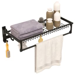 Towel Holder Folding Towel Rack Without Drilling Towel Bar Wall Mounted With 9 Movable Hooks & Shelf Wall Organizer