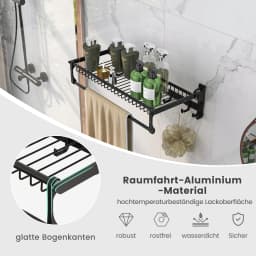 Towel Holder Folding Towel Rack Without Drilling Towel Bar Wall Mounted With 9 Movable Hooks & Shelf Wall Organizer
