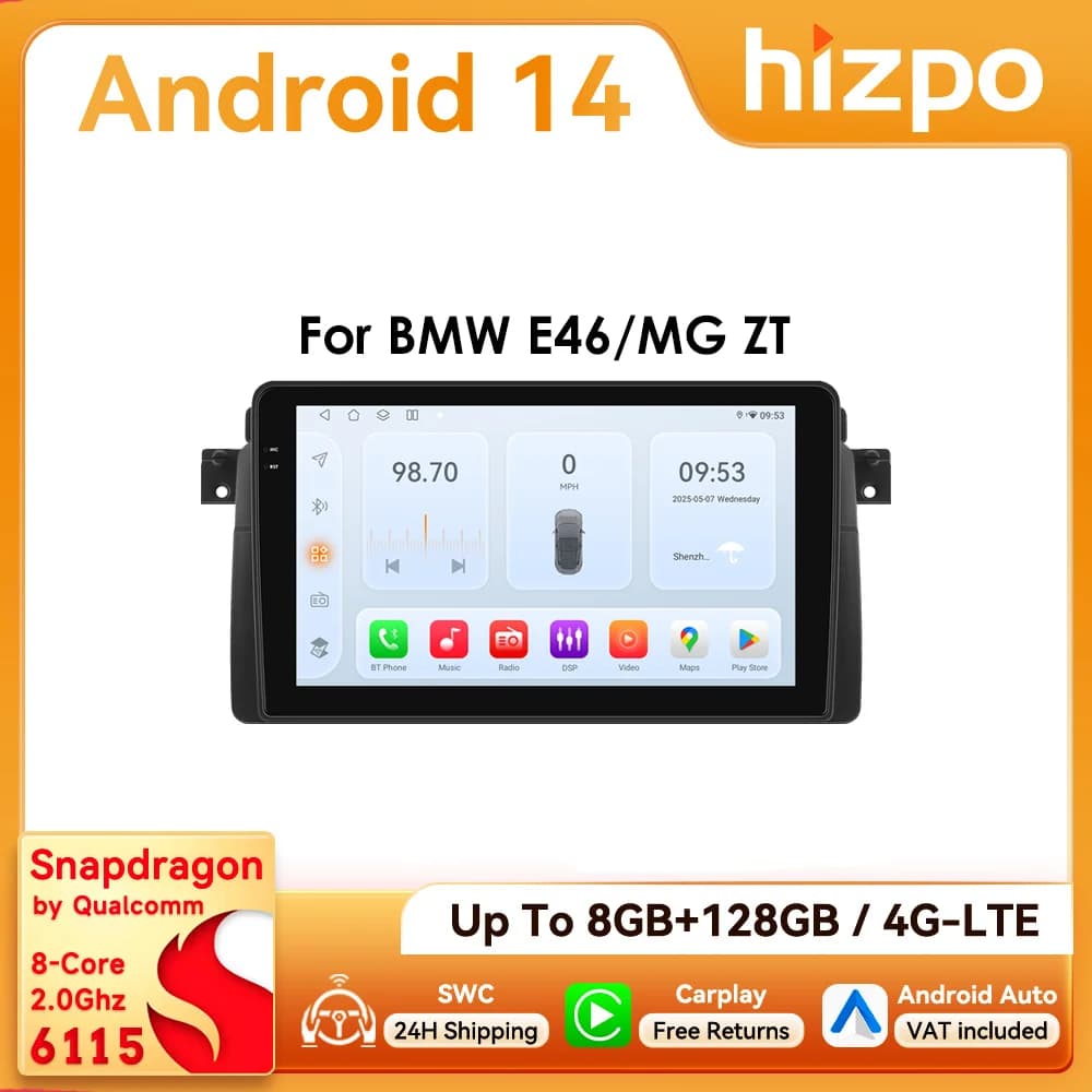 Hizpo 9inch CarPlay Android Auto Radio for BMW 3 Series E46 M3 318 320 325 330 335 1998 - 2005 BT 4G RDS DSP GPS Navi 360°CAM
