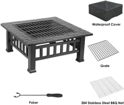 Fire Basket Garden Fireplace Including Grill (51*51cm) And Waterproof Cover For Heating/Grilling Metal Brazier 81x81x45cm