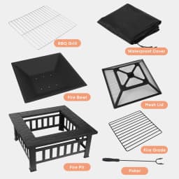 Fire Basket Garden Fireplace Including Grill (51*51cm) And Waterproof Cover For Heating/Grilling Metal Brazier 81x81x45cm