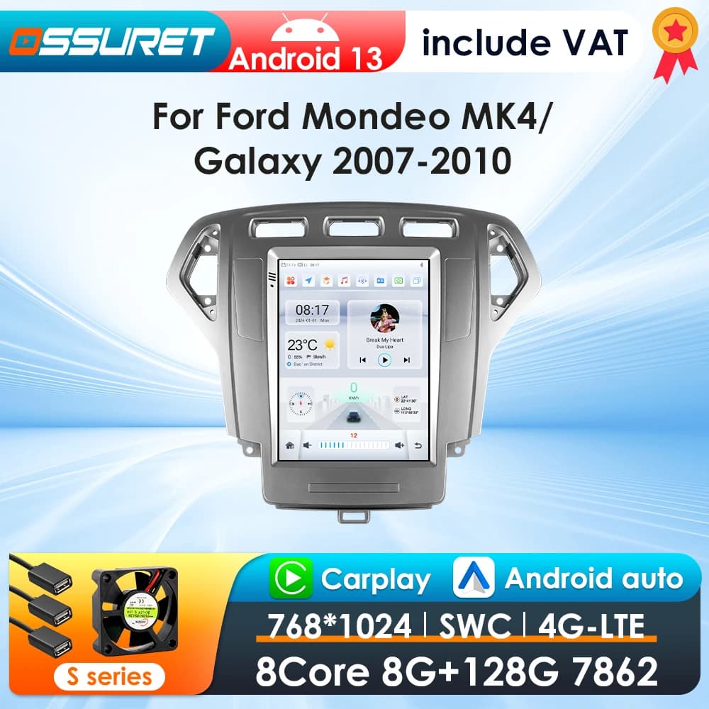 OSSURET 9.7inch 2 DIN Android 13 Car Radio for Ford Mondeo mk4 Galaxy A/C 2007-2010 Multimedia Stereo Vertical Screen Carplay