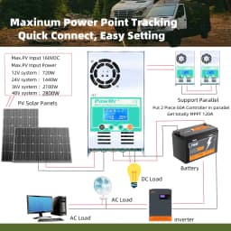 PowMr 60A MPPT Solar Charge Controller Work for 12V 24V 36V 48V Lithium Lead Acid Battery With LCD Display Max PV 160VDC Input