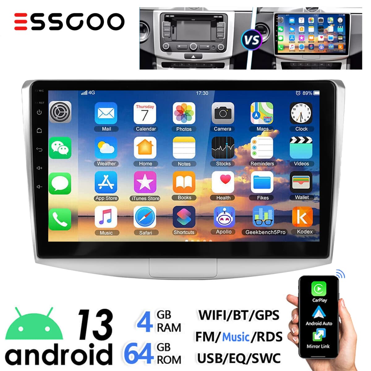 ESSGOO 10" Android 13 4+64G Car Stereo Wireless Carplay GPS Navi Bluetooth FM RDS WIFI For VW Passat B6 B7 CC Magotan 2010-2015