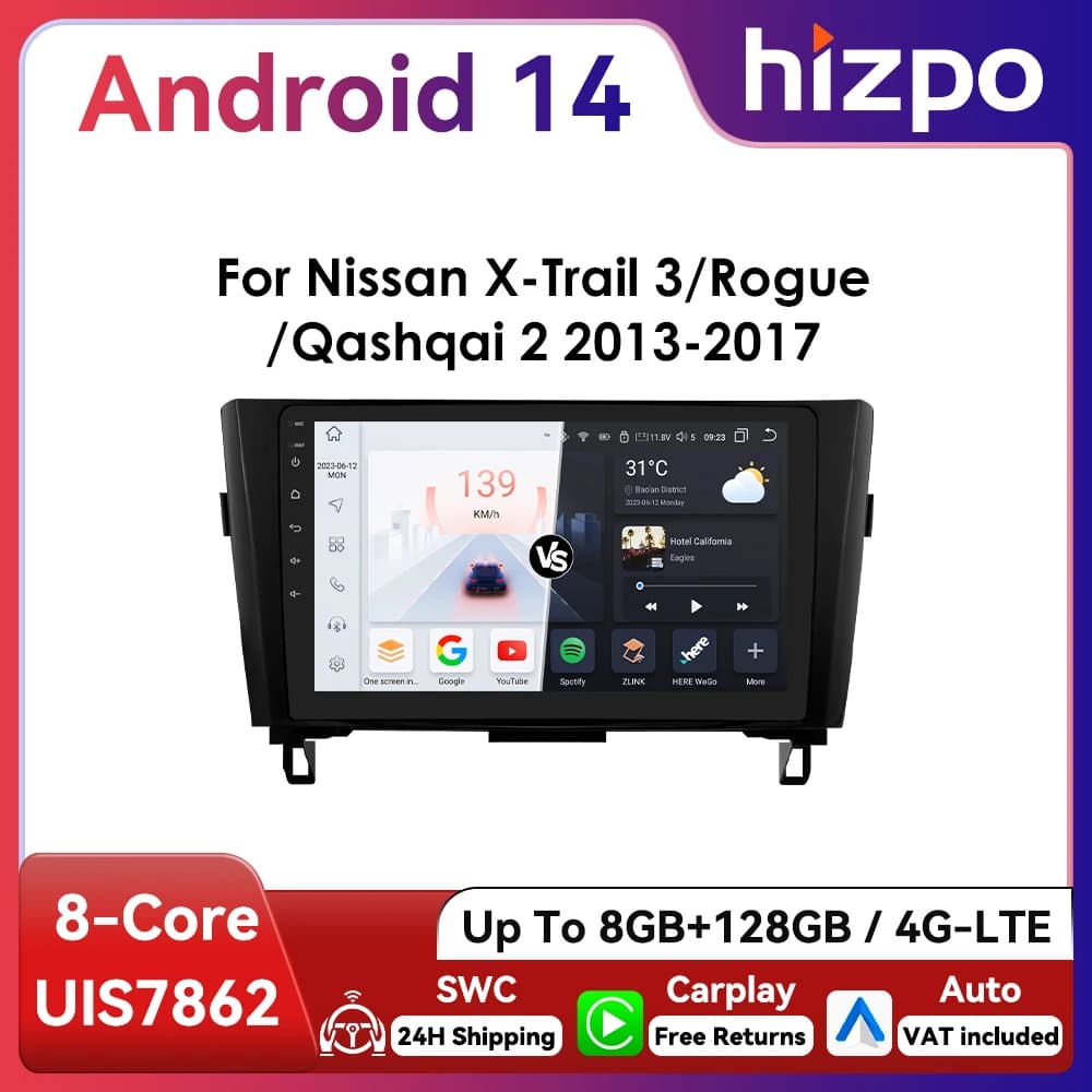 10.1" Hizpo Android13 Car Radio for Nissan Qashqai X-Trail 3 T32 2013 - 2017 Navigation GPS RDS DSP 4G BT Android Auto CarPlay