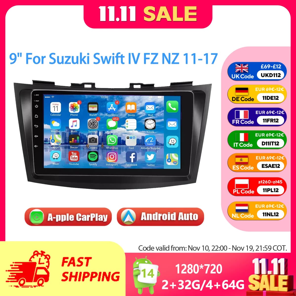 ESSGOO 9" 2 DIN For Suzuki Swift IV FZ NZ 2011-17 Android 13 Carplay Car Stereo Radio Multimedia Video Player GPS Navi FM RDS BT