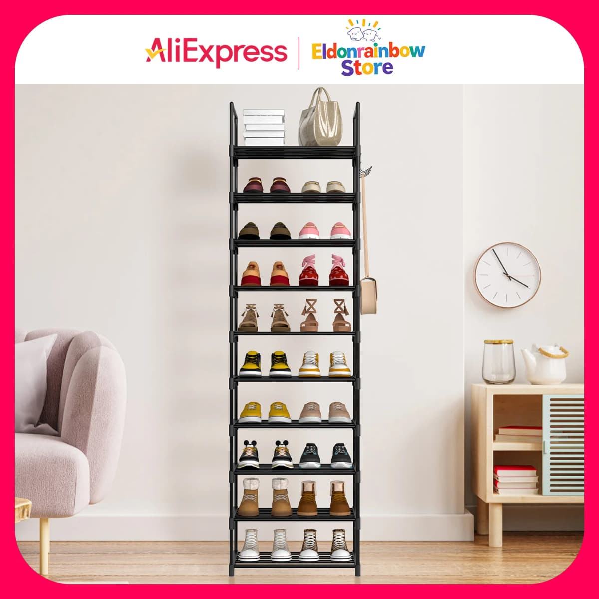 10-Tier Metal Tube Rack Elevated Shoe Shelf For Living Room Space Saving Storage Racks