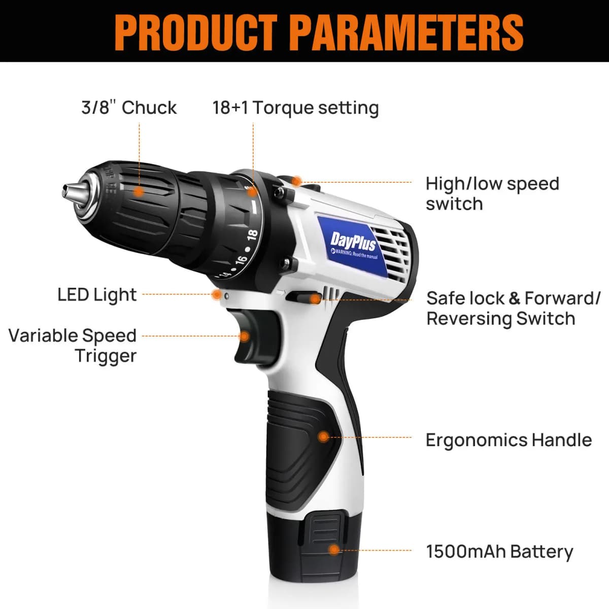 45Nm Cordless Drill Screwdriver with 1 x 1.5 Ah Battery, 2 Speed 400-1400RPM, Forward & Reverse Setting, Screwing and Drilling