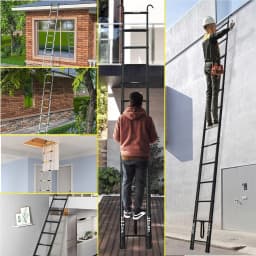 Black 5M Heavy Duty Telescopic Ladders 16.4FT Home Aluminum Extendable Roof Ladder With Detachable Hooks, Certificated EN131