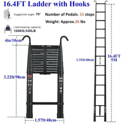 Black 5M Heavy Duty Telescopic Ladders 16.4FT Home Aluminum Extendable Roof Ladder With Detachable Hooks, Certificated EN131