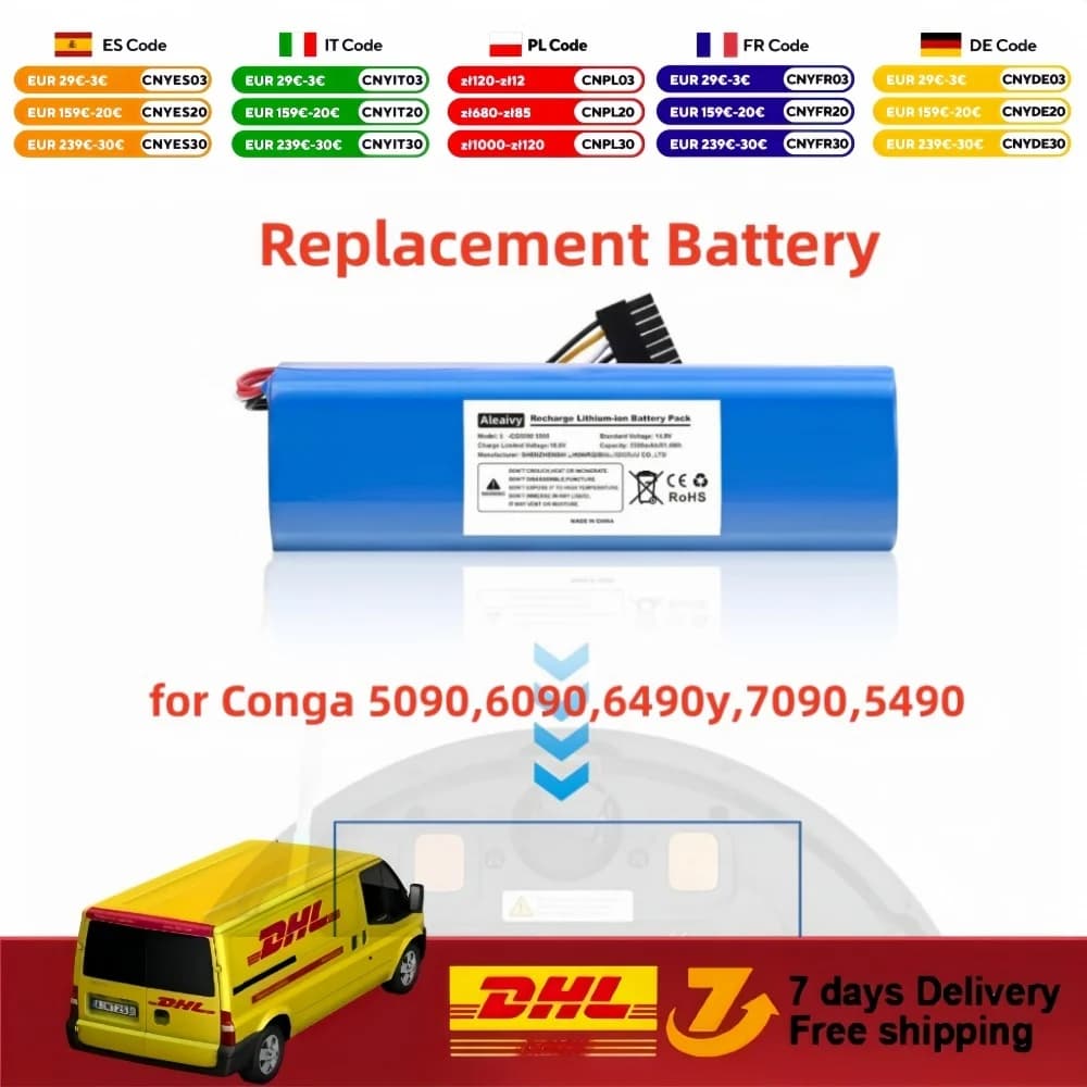 Aleaivy 6500mAh Battery Replacement For CECOTEC CONGA 5090 5490 6090 7090 Robot Vacuum Cleaner 18650 Battery Pack Accessories