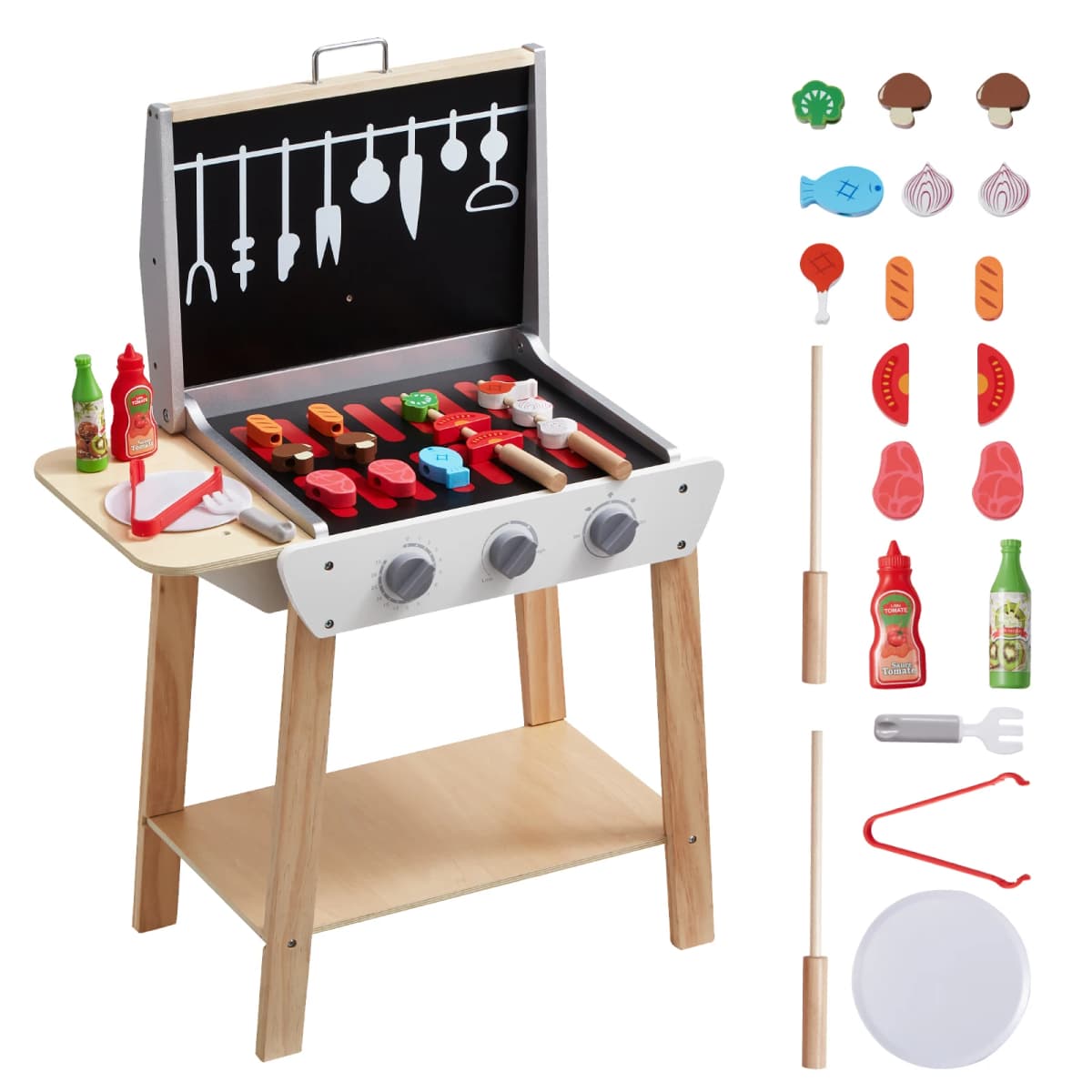 SucceBuy Simulation Kitchen Barbecue Toys Wooden Grill Toy Set Montessori Pretend Play Food BBQ Toy Playset for Kids Girls Gifts