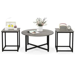 Set of 3 coffee table, side table metal frame, 1 round coffee table & 2 square tables, sofa table living room table