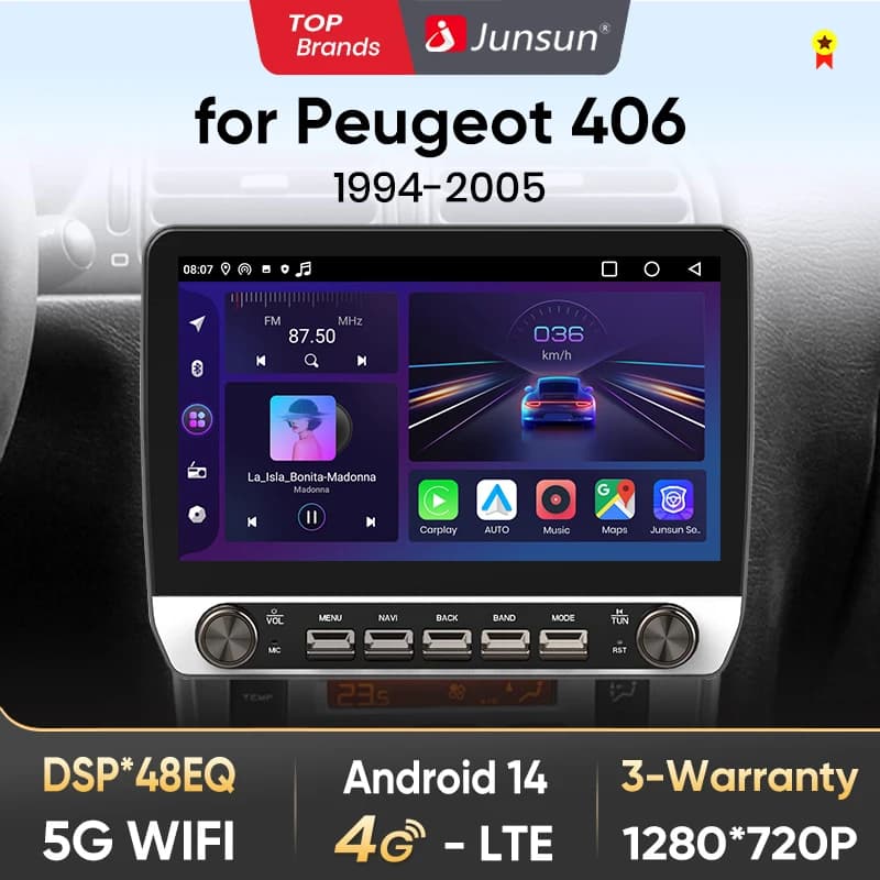 Junsun 10" Button Car Radio for Peugeot 406 1994-2005 GPS Multimedia Stereo BT FM RDS Wireless CarPlay for Apple Android Auto 4G