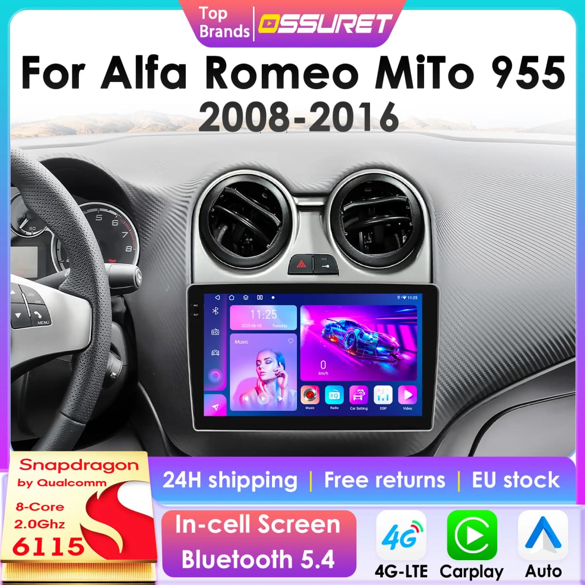 360Camera 2Din Android 13 Car Radio For Alfa Romeo MiTo 955 2008-2016 Car Multimedia GPS 4G Carplay Intelligent Screen autoradio