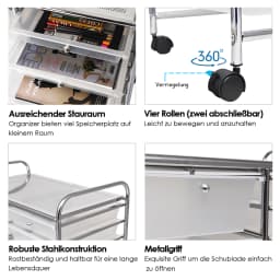 Trolley with 15 stackable drawers, drawer trolley roll container with metal rack and storage space, bathroom trolley