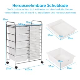 Trolley with 15 stackable drawers, drawer trolley roll container with metal rack and storage space, bathroom trolley