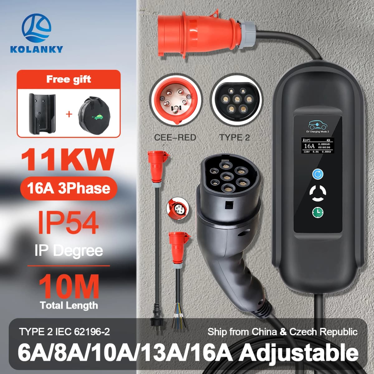 KOLANKY 16A 11KW Portable EV Charger Wallbox Type 2 IEC-62169 Standard Charging Timer For Eletric Vehicle Hybrid Cars Cable 10M