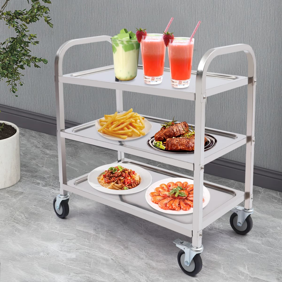 Stainless Steel Kitchen Serving Cart 3 Tiers 85x45x90cm with 4 Universal Wheels Restaurant Trolley for Storage And Organization