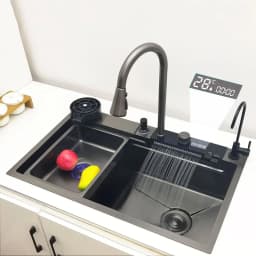 LED Waterfall Kitchen Sink 304 Stainless Steel Sink Large Single Basin With Multifunction Waterfall Faucet Above Counter
