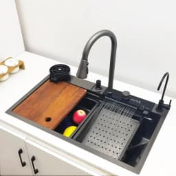 LED Waterfall Kitchen Sink 304 Stainless Steel Sink Large Single Basin With Multifunction Waterfall Faucet Above Counter