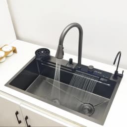 LED Waterfall Kitchen Sink 304 Stainless Steel Sink Large Single Basin With Multifunction Waterfall Faucet Above Counter