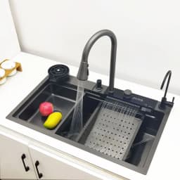 LED Waterfall Kitchen Sink 304 Stainless Steel Sink Large Single Basin With Multifunction Waterfall Faucet Above Counter