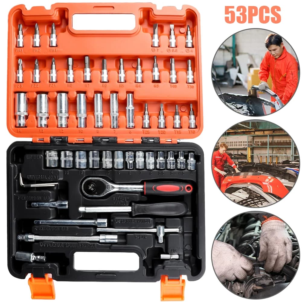 53pcs Ratchet Wrench Set Car Repair Tool Kit Ratchet Torque Wrench Combo Kit 1/4 Ratchet Spanner Screwdriver Bits Hand Tool