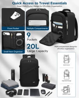 Kono Cabin bag 40x20x25 cm for Ryanair Under Seat hand luggage Backpack, Cabin Size 20L Black Minimalist