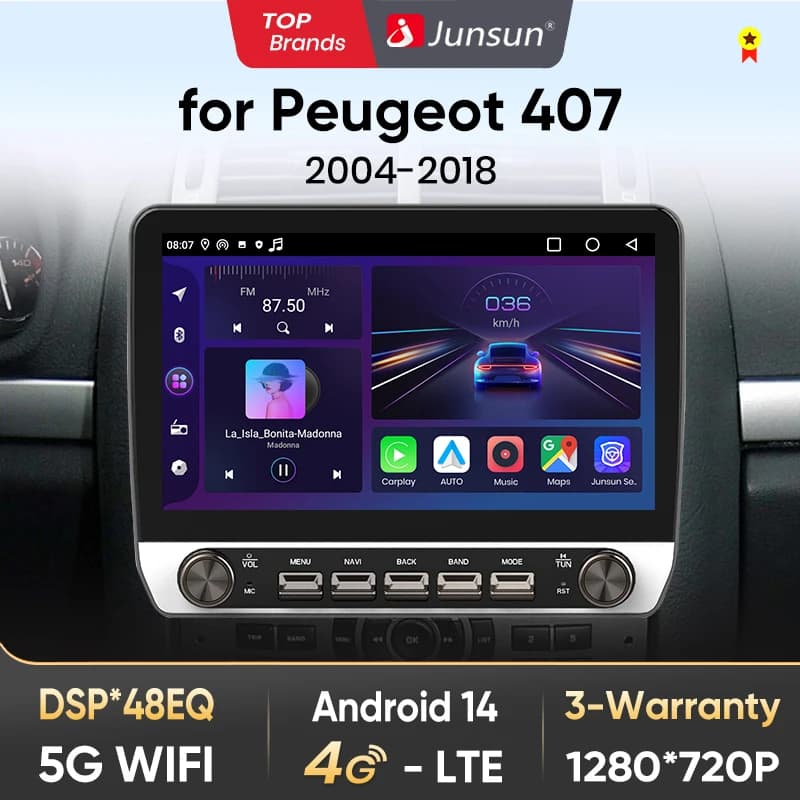 Junsun 10" Button Car Radio for Peugeot 407 2004-2018 GPS Multimedia Stereo BT FM RDS Wireless CarPlay for Apple Android Auto 4G