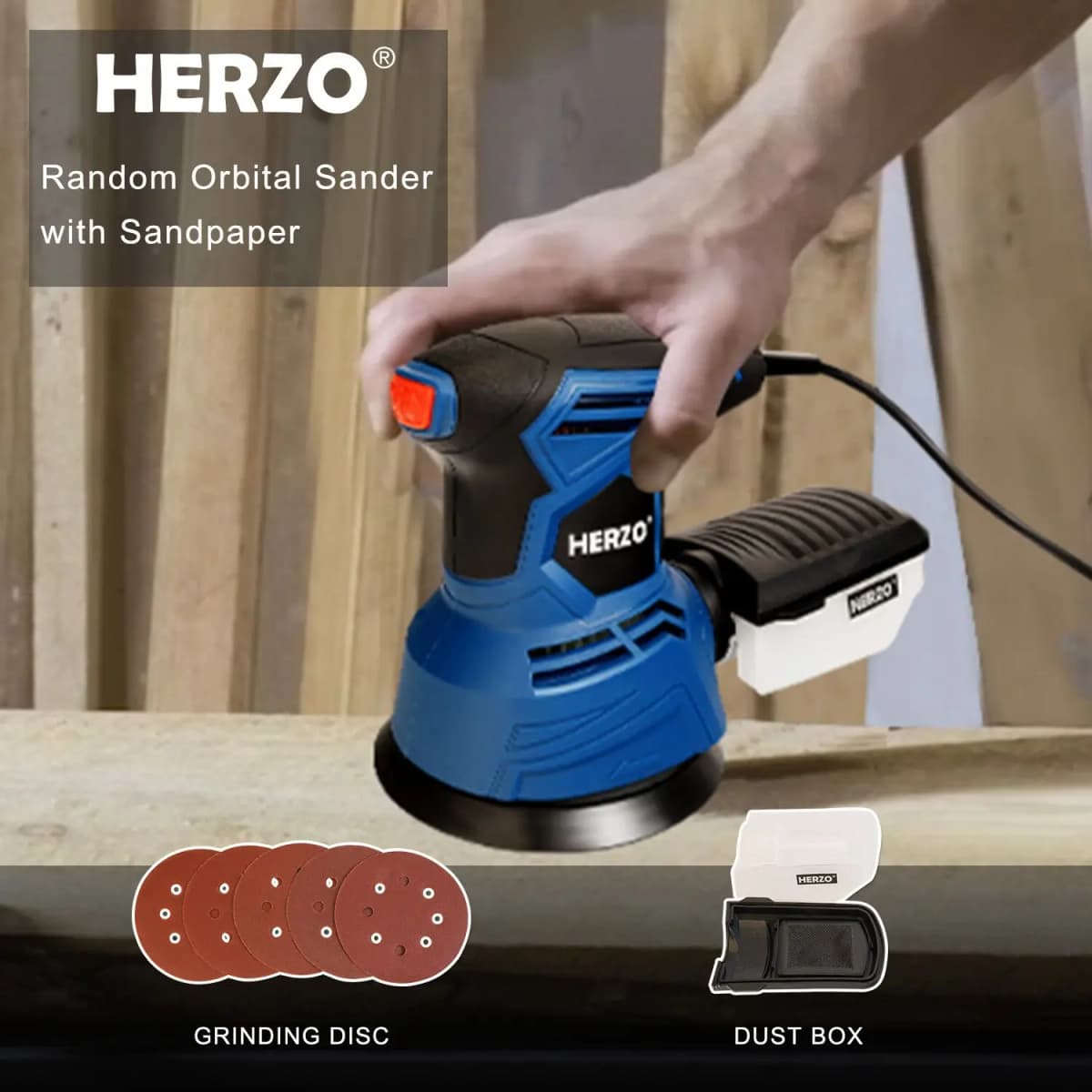 HERZO 125MM Electric Rotary Orbit Sander Machine 350W Portable For Polishing Sanding Wood