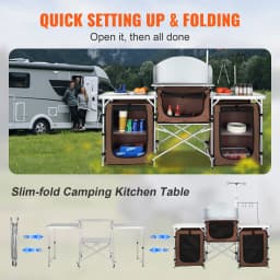SucceBuy Camping Kitchen Table Folding Outdoor Cooking Table W/ Storage Carrying Bag Aluminum Cook Station 3 Cupboard Windscreen