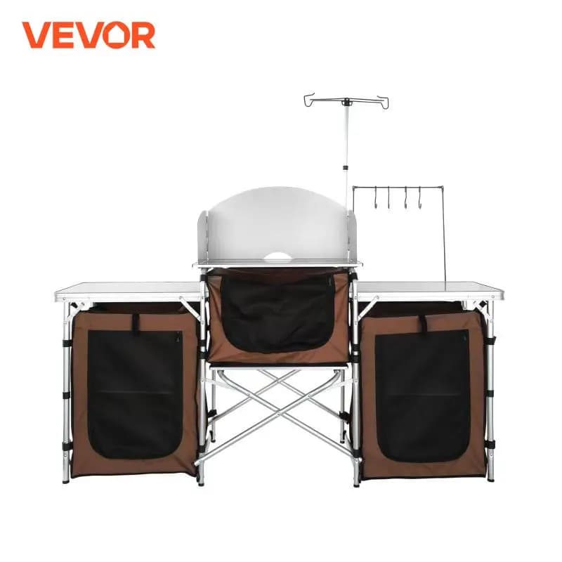 SucceBuy Camping Kitchen Table Folding Outdoor Cooking Table W/ Storage Carrying Bag Aluminum Cook Station 3 Cupboard Windscreen