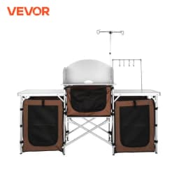 SucceBuy Camping Kitchen Table Folding Outdoor Cooking Table W/ Storage Carrying Bag Aluminum Cook Station 3 Cupboard Windscreen