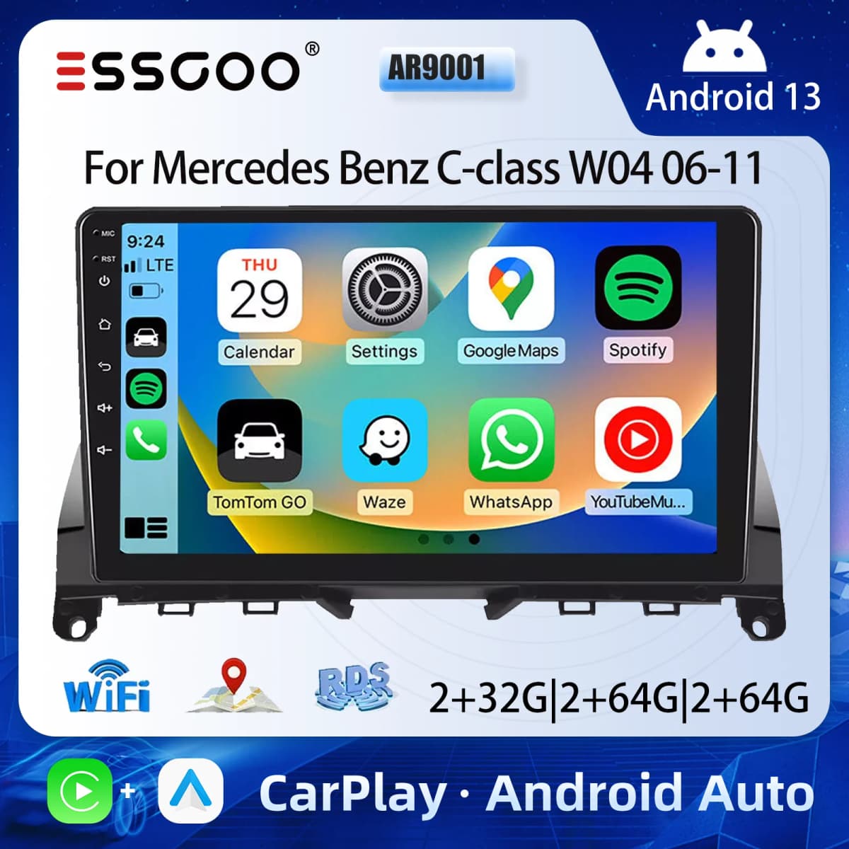 ESSGOO 2 DIN Wireless Carplay 9" Car Radio For Benz C-class W204 2006-11 GPS Navigation Android 13 64G Wifi FM Multimedia Player
