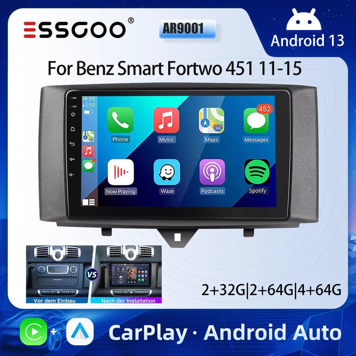 ESSGOO 9" Android 13 Car Stereo Radio Carplay GPS Navi BT RDS For Mercedes Benz Smart Fortwo 451 2011-15 Multimedia Video Player