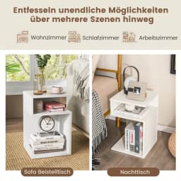 Side Table Wood, 3 levels sofa table, bedside table White, modern, for living room and bedroom, 33x33x50cm