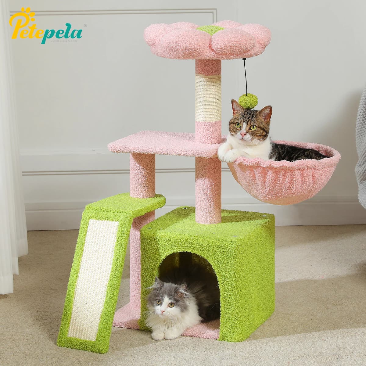 Cactus Cat Tree for Indoor Cats Small Cat Tower Cat Condo with Sisal Scratching Ramp, Cozy Hammock and Removable Top Bed Perch