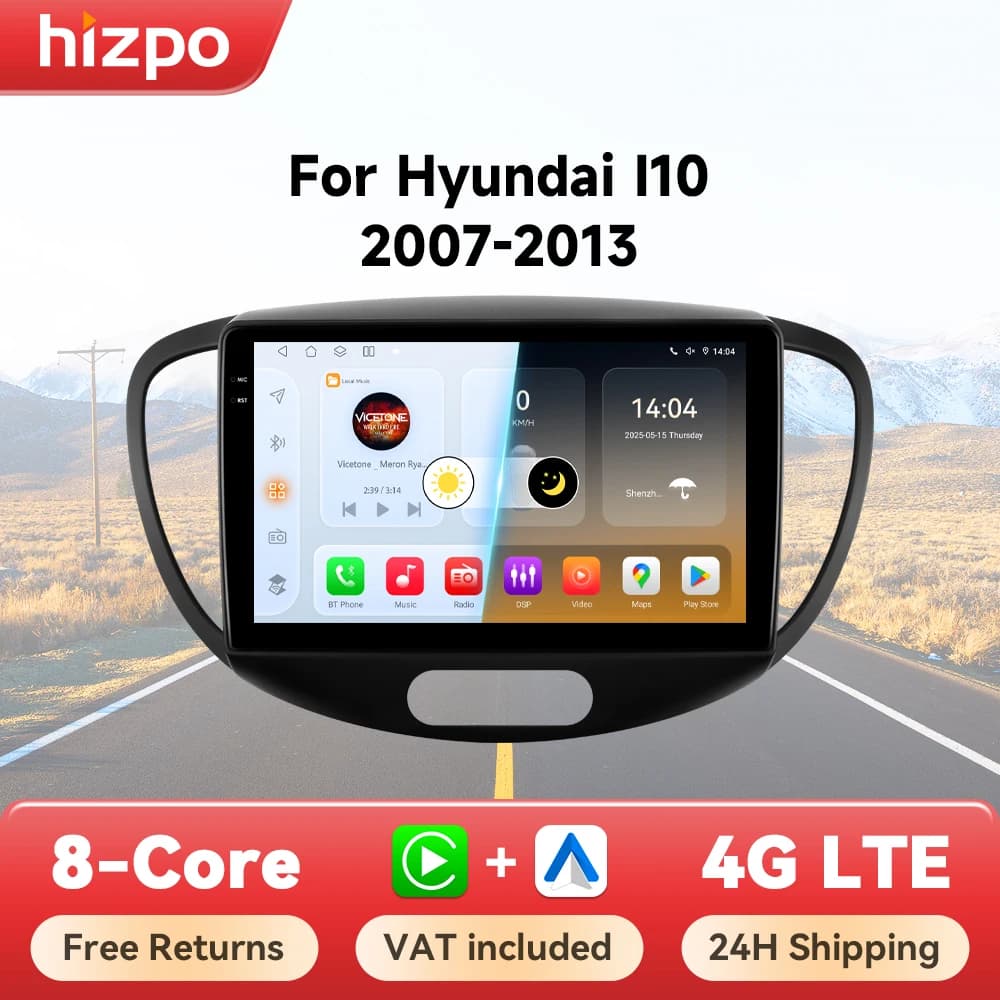 Hizpo 9" 4G Car Radio For Hyundai Grand i10 2007 - 2013 Multimedia GPS 2din Stereo Touch Sreen Wireless CarPlay Android Auto
