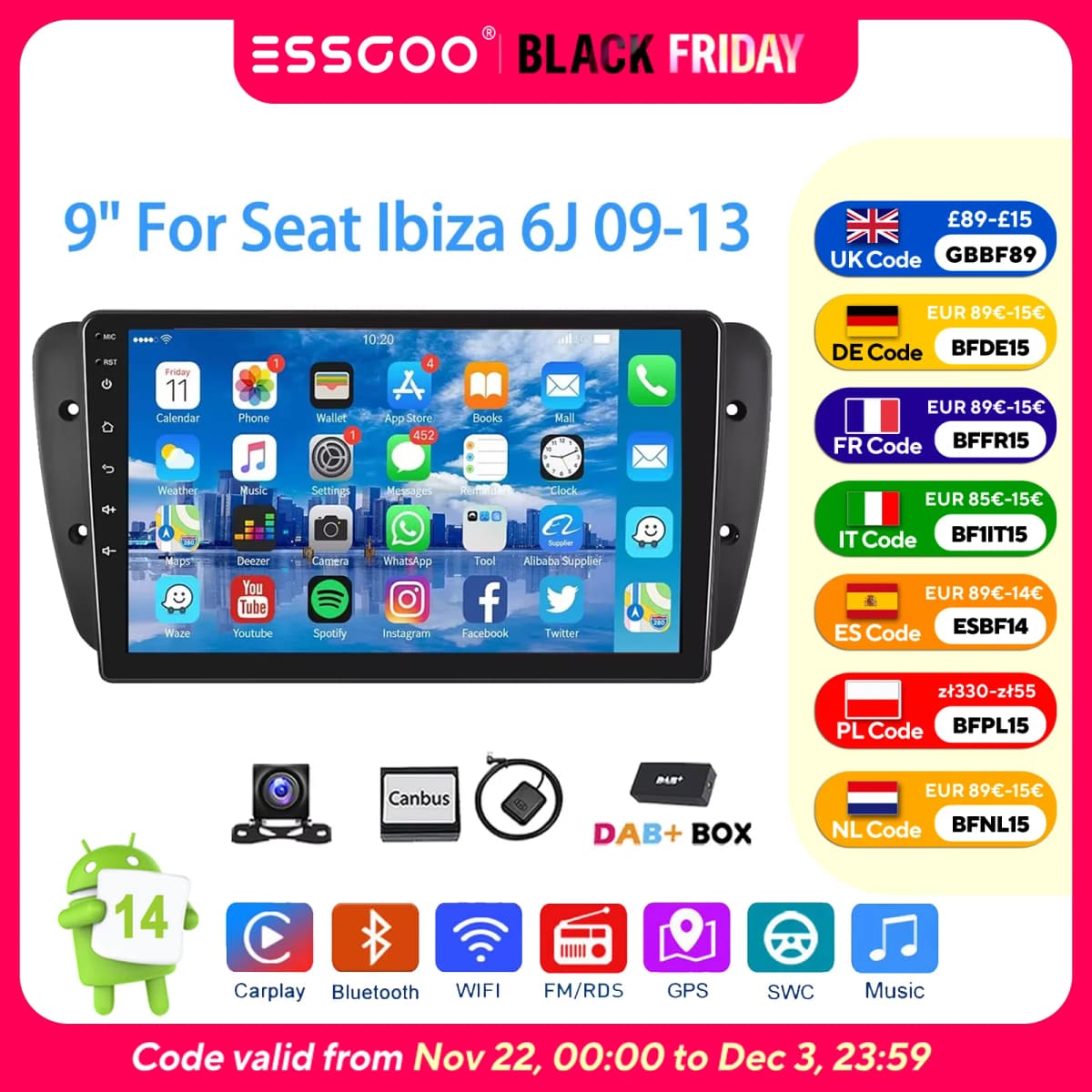 ESSGOO 9inch 32G/64G Android 14 For Seat Ibiza 6J 2009-13 Autoradio GPS Navigtaion BT FM RDS Wifi Wireless Carplay Android Auto