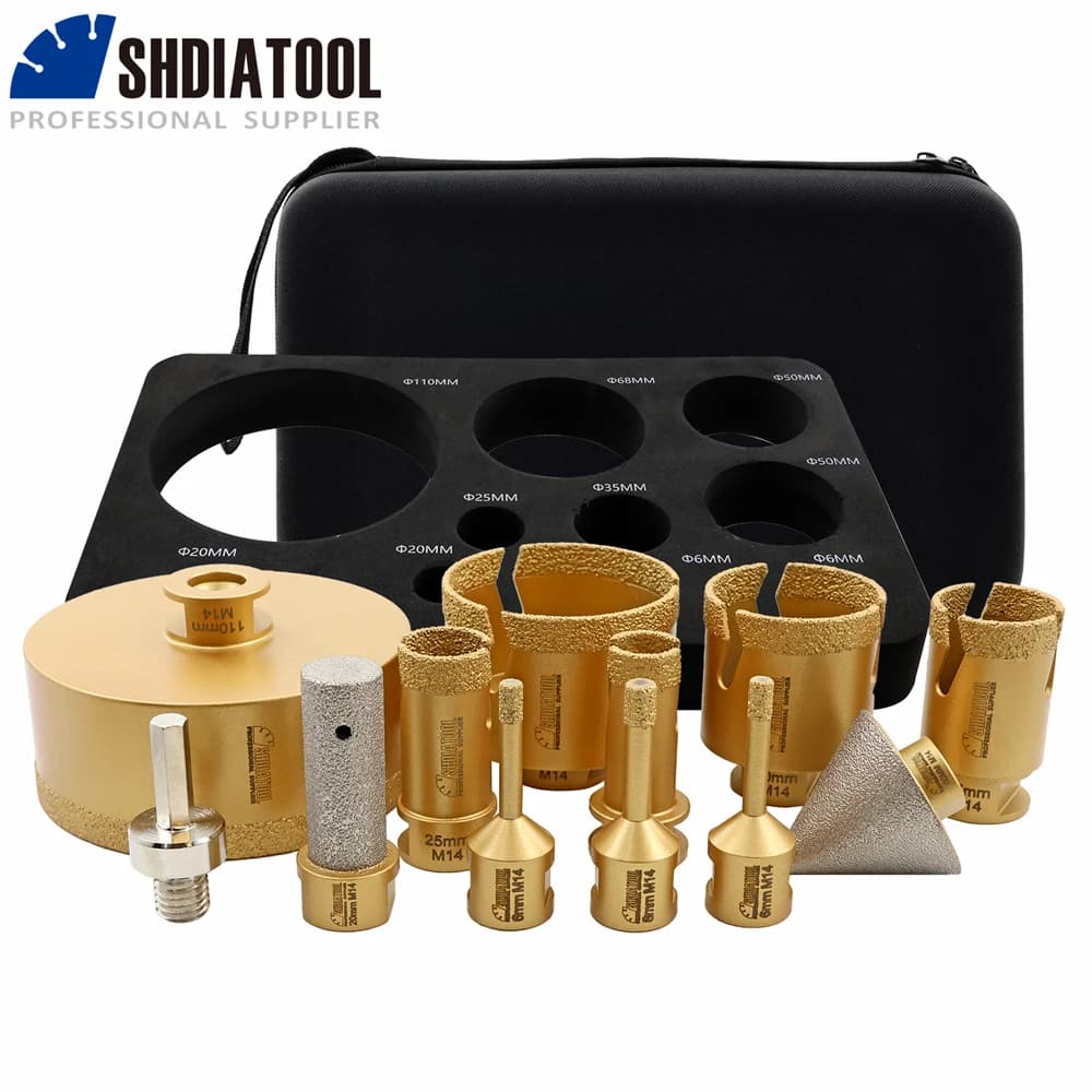 SHDIATOOL 12Pcs Diamond Drill Bits Set 6-110mm Hole Saw+20mm Milling Bits+50mm Bevelling Chamfer+Hex Adapter M14 Tile Tool Kit