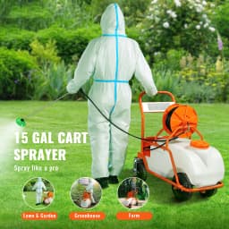 SucceBuy Battery Powered Lawn Sprayer on Wheel Adjustable Pressure 15 Gal Tank Cart Sprayer Wide Mouth Lid for Weeding Spraying