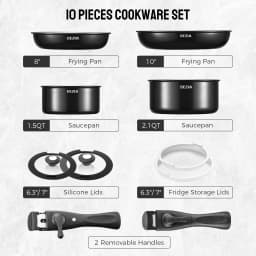 Induction Cookware with Healthy Ceramic Coating, Camping Pots and Pans Set Nonstick 10pcs with Detachable Handles
