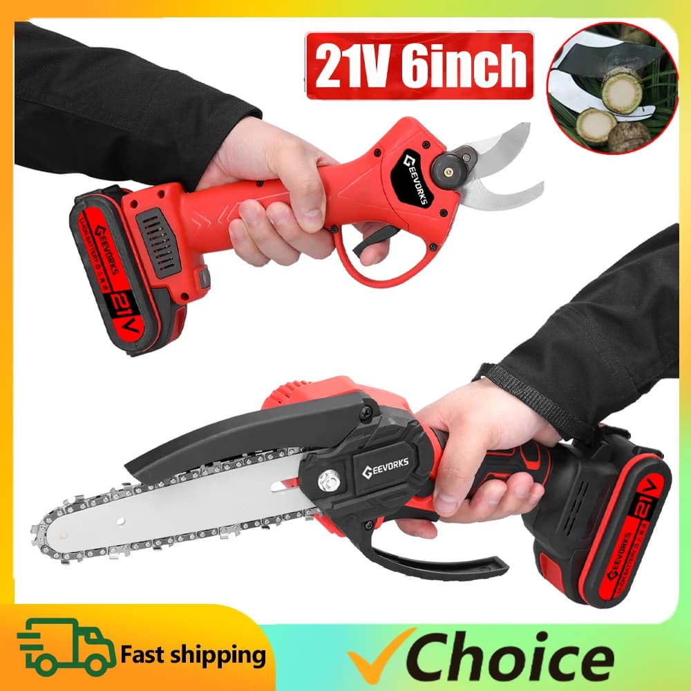 21V 6inch Portable Electric Chainsaw and 25mm Cordless Pruning Shear Set Wood Splitting Cutting Machine Kit Woodworking Tool