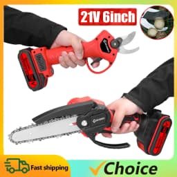 21V 6inch Portable Electric Chainsaw and 25mm Cordless Pruning Shear Set Wood Splitting Cutting Machine Kit Woodworking Tool