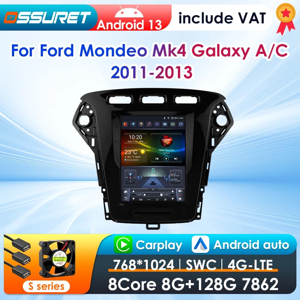 9.7inch 2 DIN Android 13 Car Radio for Ford Mondeo Mk4 Galaxy A/C 2011-2013 Multimedia Stereo Vertical Screen Carplay 360 Camera