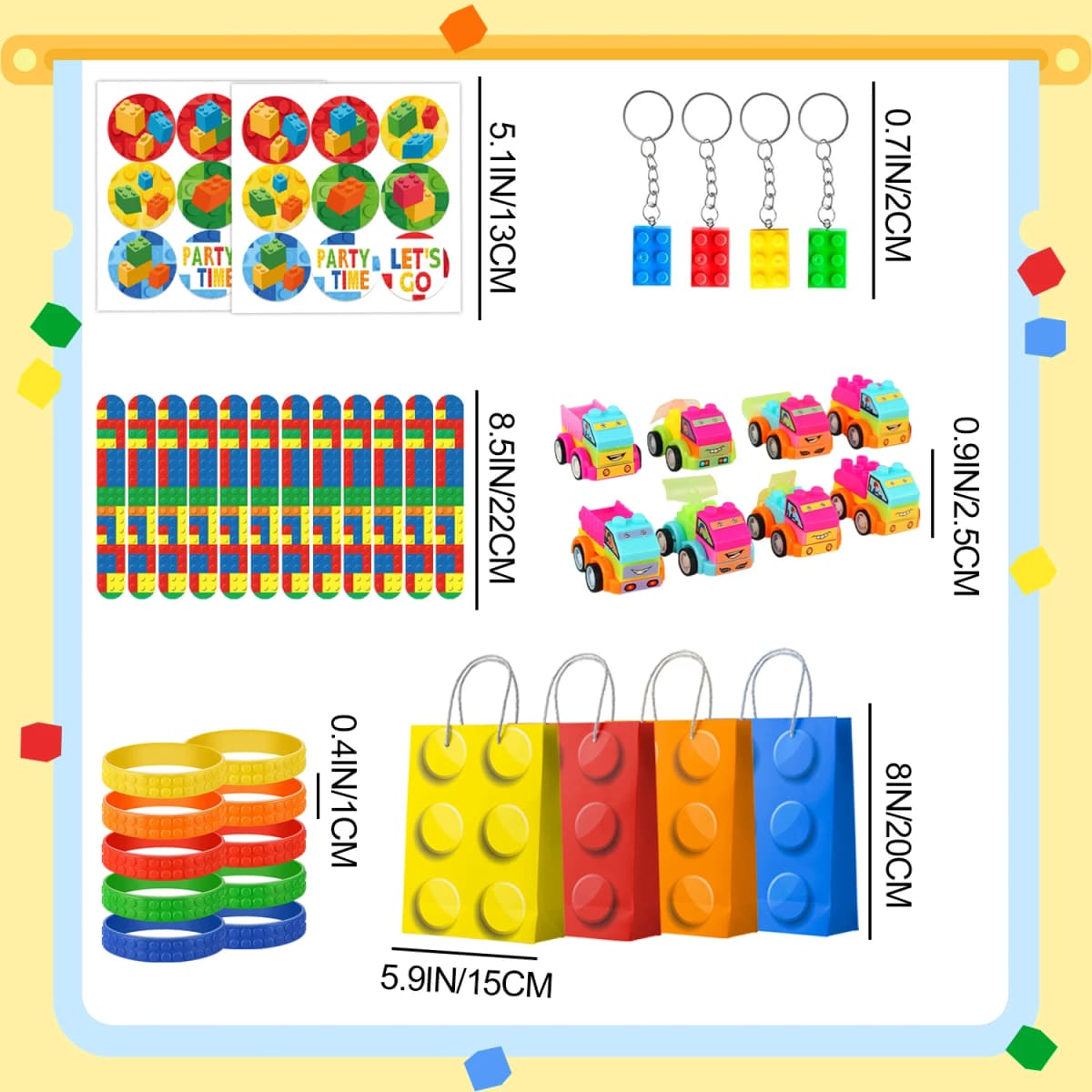Building Block Birthday Party Favors,62 Pcs Building Blocks Favors Set- Favor Bags,Birthday Party Keychains Slap Bracelets etc