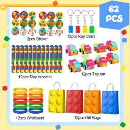 Building Block Birthday Party Favors,62 Pcs Building Blocks Favors Set- Favor Bags,Birthday Party Keychains Slap Bracelets etc
