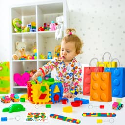 Building Block Birthday Party Favors,62 Pcs Building Blocks Favors Set- Favor Bags,Birthday Party Keychains Slap Bracelets etc